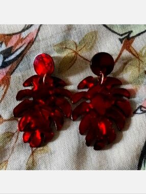 Fiery RED Marbled Acrylic Palm Acetate Monstera Leaf Pierced Earrings NOC Leaves